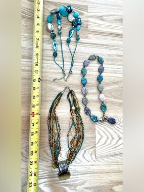 3 Multi-Strand Beaded Necklaces Set in Teal and Amber, multi stones